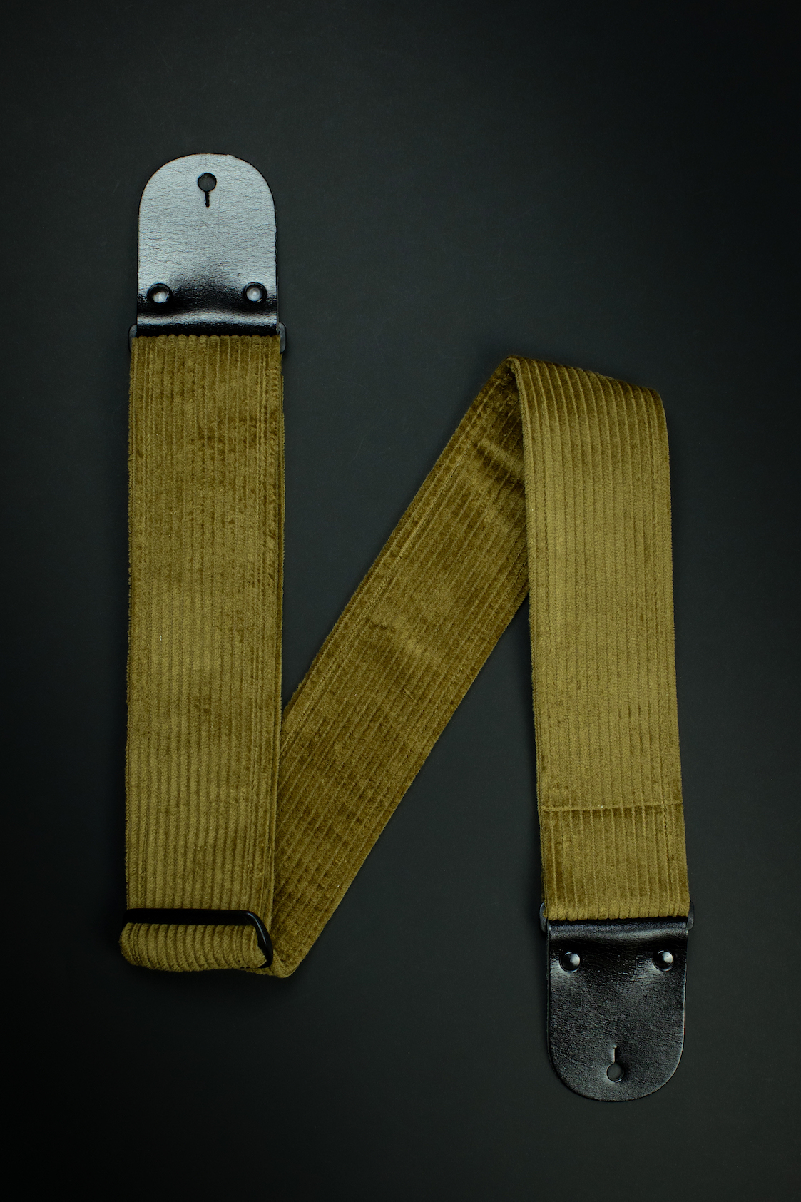 Vintage Khaki Corduroy Guitar Strap Black Glossy Leather