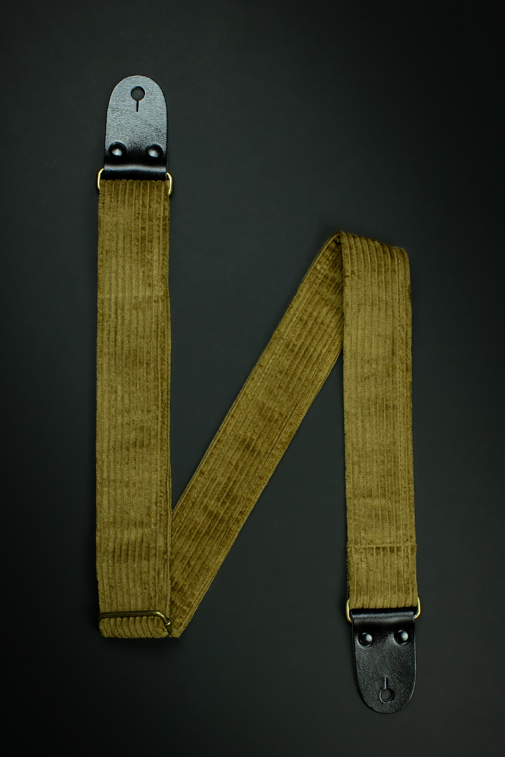 Vintage Khaki Corduroy Guitar Strap Black Glossy Leather