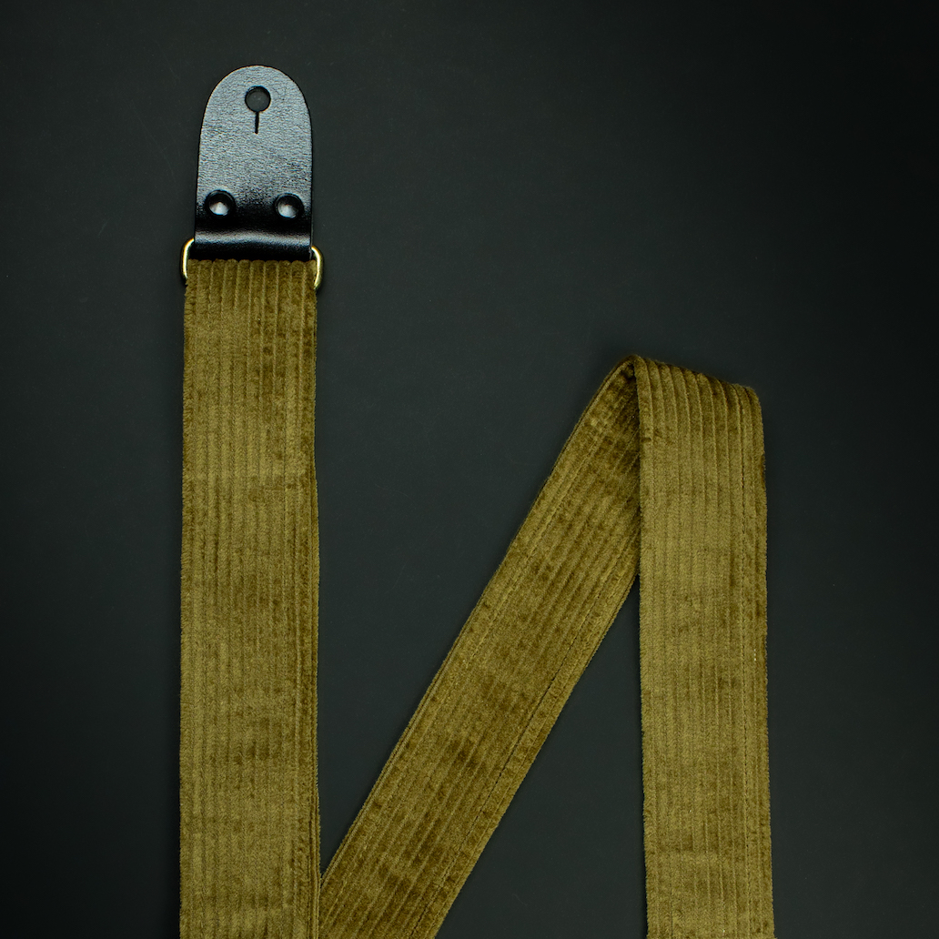 Vintage Khaki Corduroy Guitar Strap Black Glossy Leather - Image 2