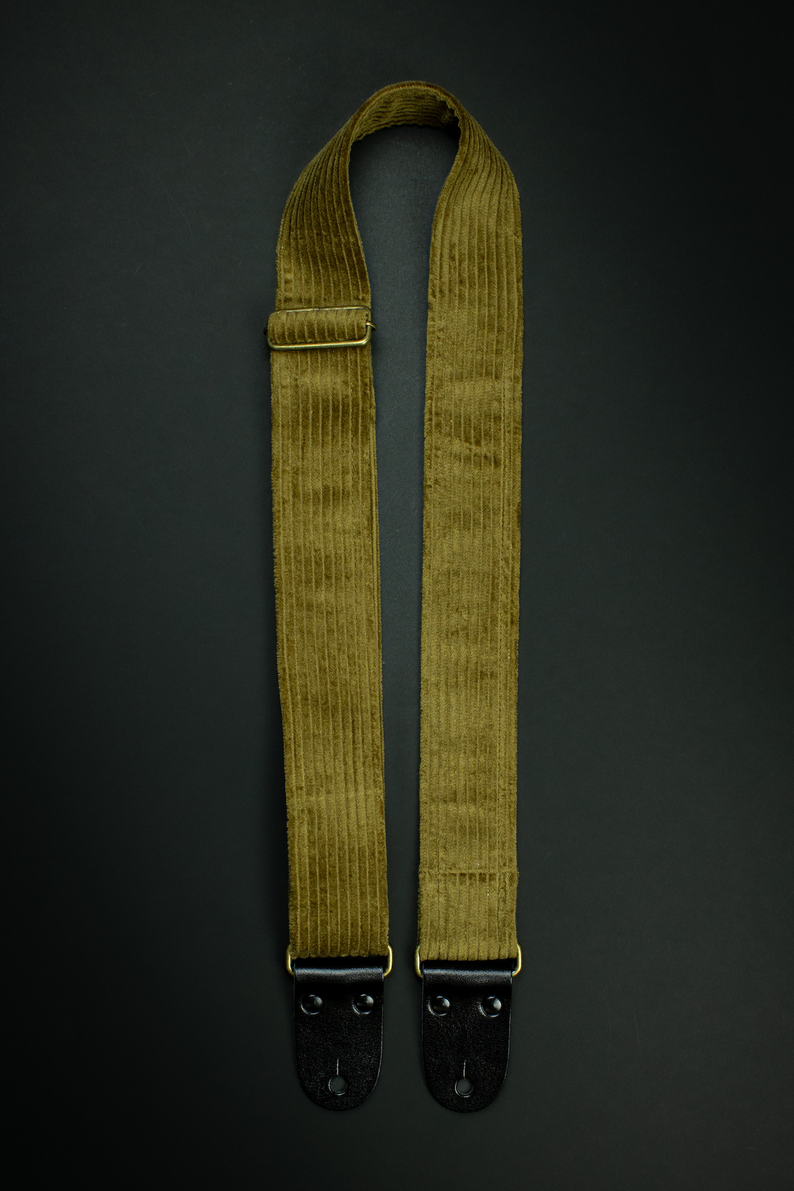 Vintage Khaki Corduroy Guitar Strap Black Glossy Leather - Image 3